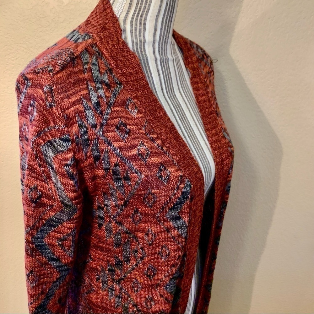 Cato Cardigan Small Open Duster Burgundy Grey Geometric Pattern Ribbed Trim - Picture 6 of 15